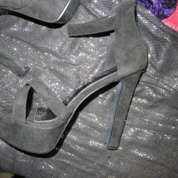 Black Suede Leather Platform Ankle Strap Chunky Heeled Stilettos sz 41 US 10.5 - Picture 9 of 10